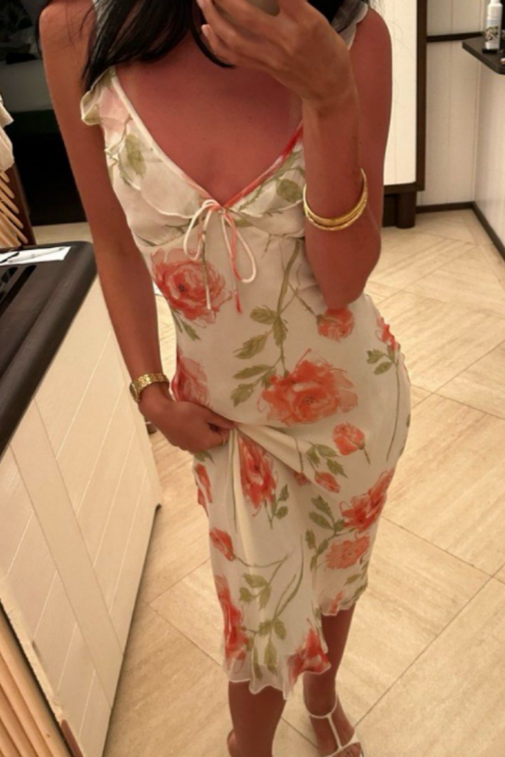 girlhomeshops-Floral Chiffon Ruffled Shoulder Strap Chill Mid-Length Dress gh5864