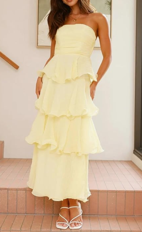 girlhomeshops-- Yellow elegant layered long chiffon prom dress graceful wedding guest party dress gh5567