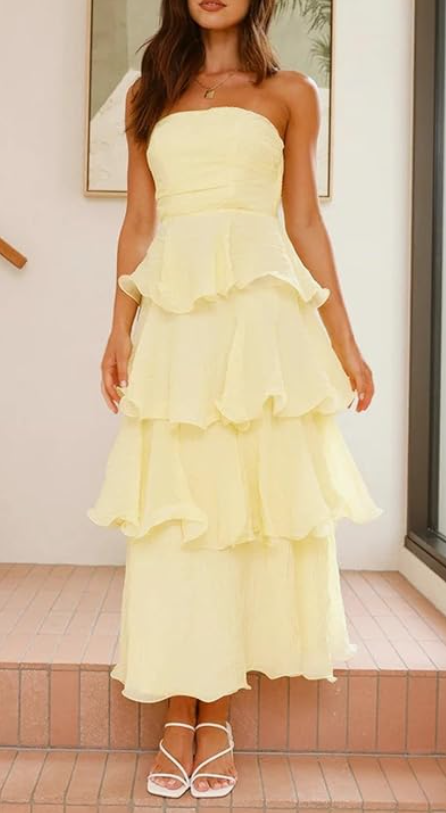 girlhomeshops-- Yellow elegant layered long chiffon prom dress graceful wedding guest party dress gh5567