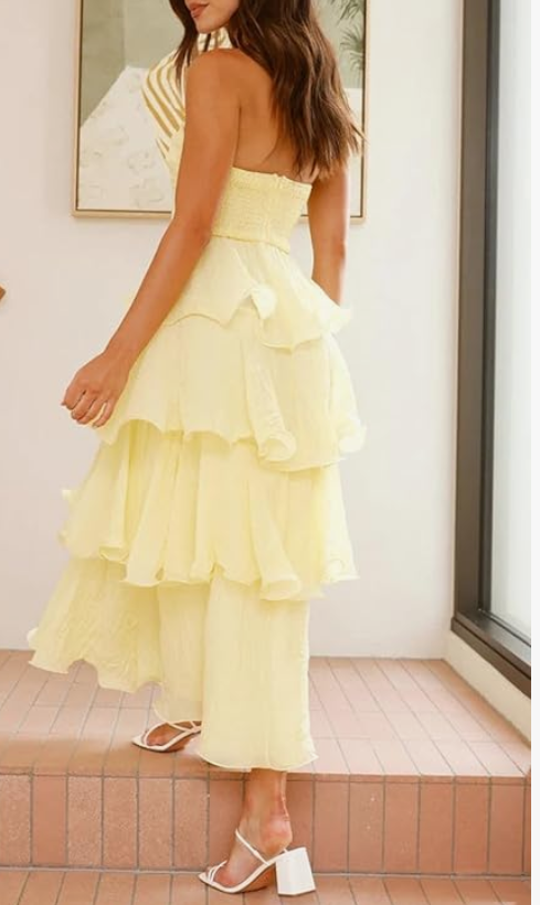 girlhomeshops-- Yellow elegant layered long chiffon prom dress graceful wedding guest party dress gh5567