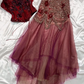 girlhomeshops-Vintage Glam Style Burgundy Velvet Beaded Strapless Top + Pink - Purple Tulle Asymmetrical Skirt Evening Dress Set gh5879