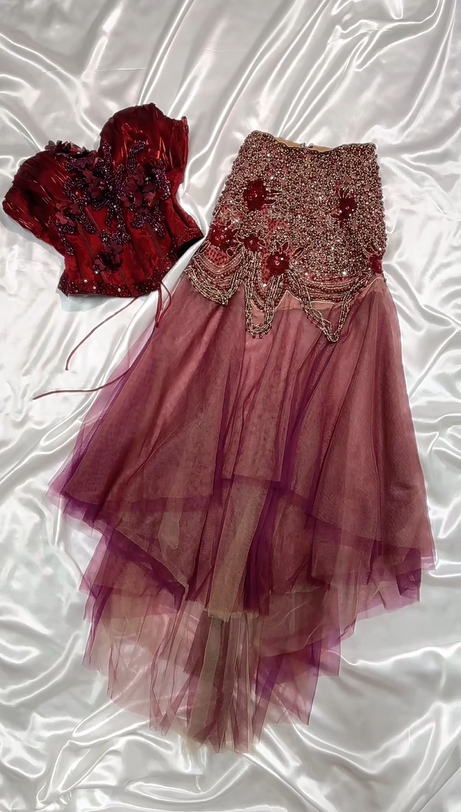 girlhomeshops-Vintage Glam Style Burgundy Velvet Beaded Strapless Top + Pink - Purple Tulle Asymmetrical Skirt Evening Dress Set gh5879