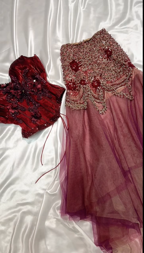 girlhomeshops-Vintage Glam Style Burgundy Velvet Beaded Strapless Top + Pink - Purple Tulle Asymmetrical Skirt Evening Dress Set gh5879