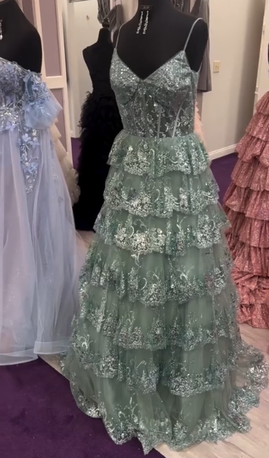 girlhomeshops-Grau/Blau Langes Prinzessinnen-Abschlussballkleid mit glitzernden Pailletten und langem Tüll gh5925