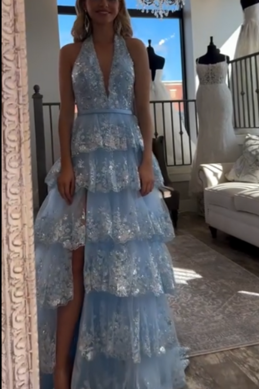 girlhomeshops-Blaues langes Prinzessinnen-Abschlussballkleid mit glänzenden Pailletten und langem Tüll gh5926