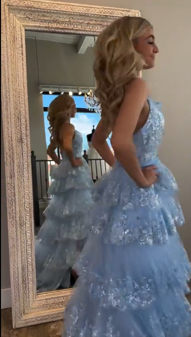 girlhomeshops-Blaues langes Prinzessinnen-Abschlussballkleid mit glänzenden Pailletten und langem Tüll gh5926