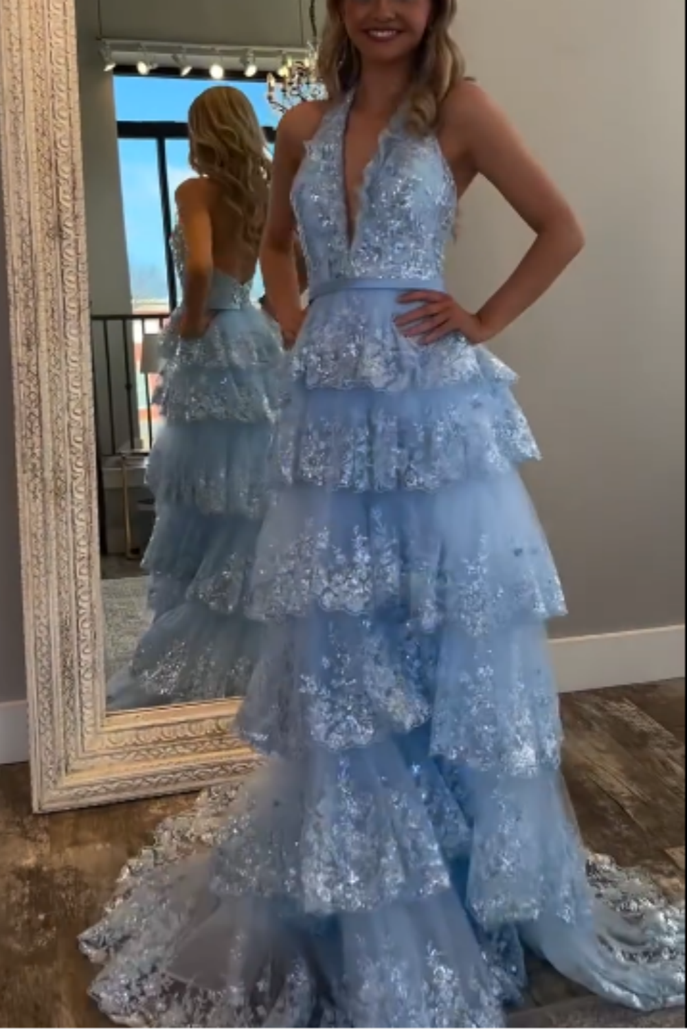 girlhomeshops-Blaues langes Prinzessinnen-Abschlussballkleid mit glänzenden Pailletten und langem Tüll gh5926