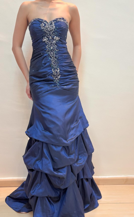 girlhomeshops-Vintage royal blue dress with sewn beading and adjustable back gh6178