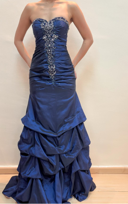 girlhomeshops-Vintage royal blue dress with sewn beading and adjustable back gh6178