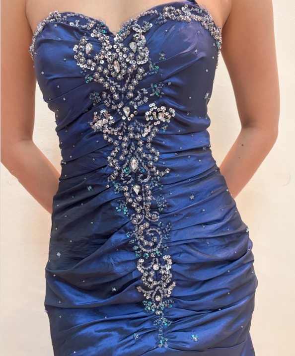 girlhomeshops-Vintage royal blue dress with sewn beading and adjustable back gh6178