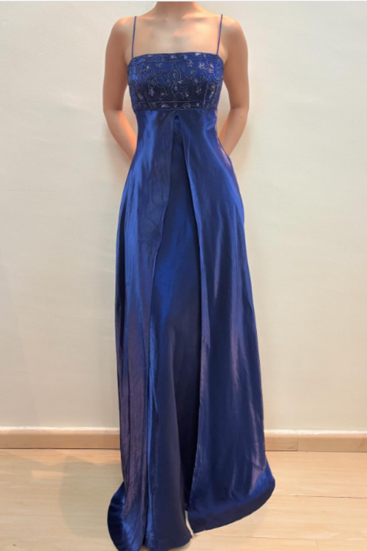 girlhomeshops-Dark Navy Blue Imperial Dress Sparkling and charming delicate beaded spaghetti strap vintage dress gh6179