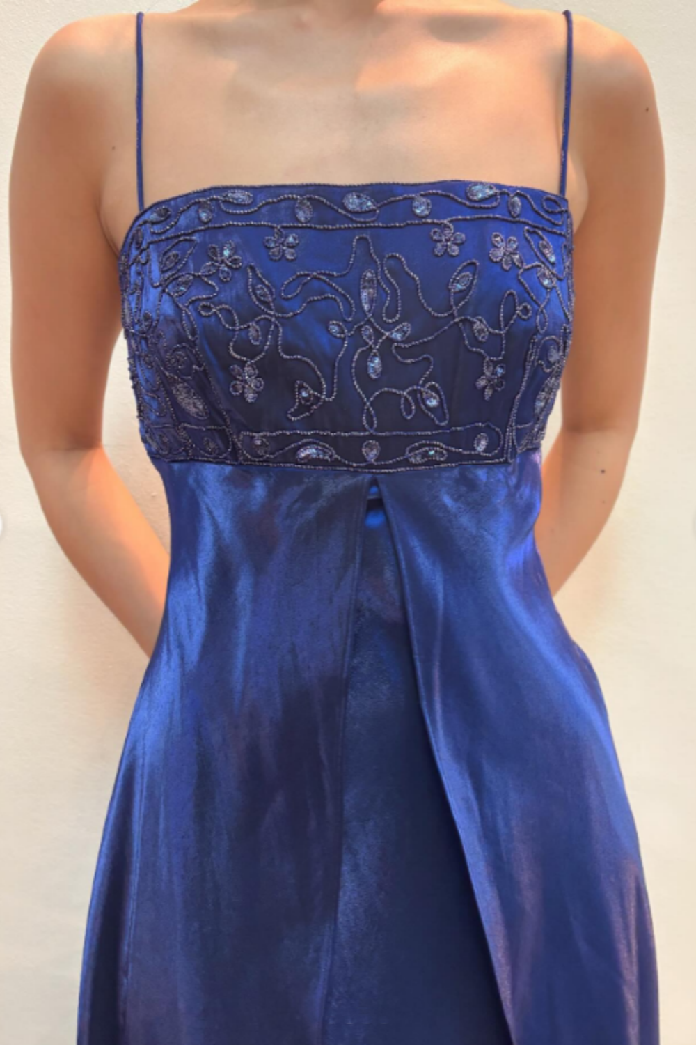 girlhomeshops-Dark Navy Blue Imperial Dress Sparkling and charming delicate beaded spaghetti strap vintage dress gh6179