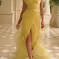 girlhomeshops- Yellow Fashion One-Shoulder Sheer Long Dress gh6201