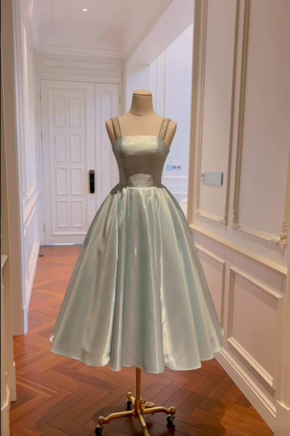 girlhomeshops-Green Ice Blue Satin Long Formal Dress gh6303