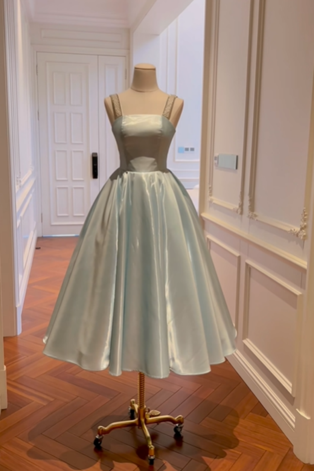 girlhomeshops-Green Ice Blue Satin Long Formal Dress gh6303