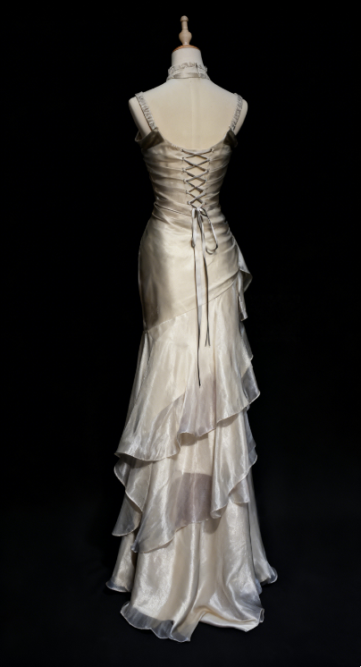 Robe de soirée longue élégante en dentelle à volants, style vintage, vert/champagne, gh3444