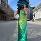 girlhomeshops-Gradient Green Shiny Satin Strapless Train Gown, Sleeveless Rhinestone Elegant Evening Dress gh6343