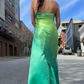 girlhomeshops-Gradient Green Shiny Satin Strapless Train Gown, Sleeveless Rhinestone Elegant Evening Dress gh6343