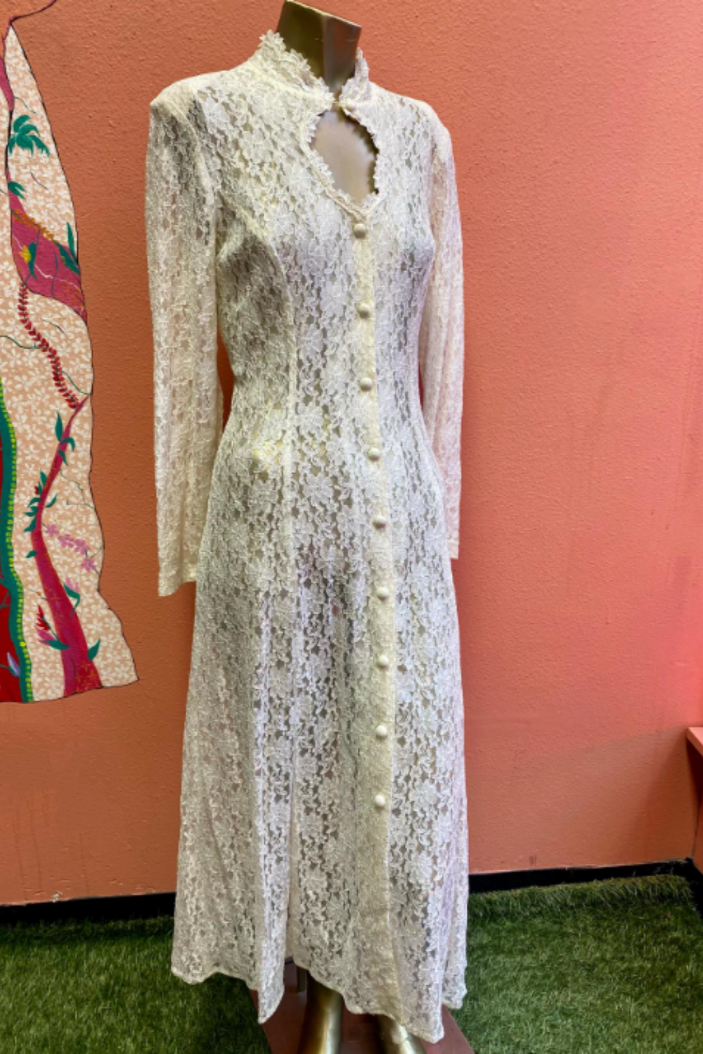 girlhomeshops-Beige Lace Stand-Collar Long-Sleeve Midi Dress, Vintage Pearl Button & Lace-Up Elegant Gown gh6344