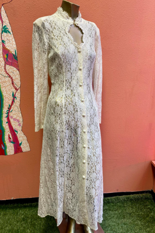 girlhomeshops-Beige Lace Stand-Collar Long-Sleeve Midi Dress, Vintage Pearl Button & Lace-Up Elegant Gown gh6344