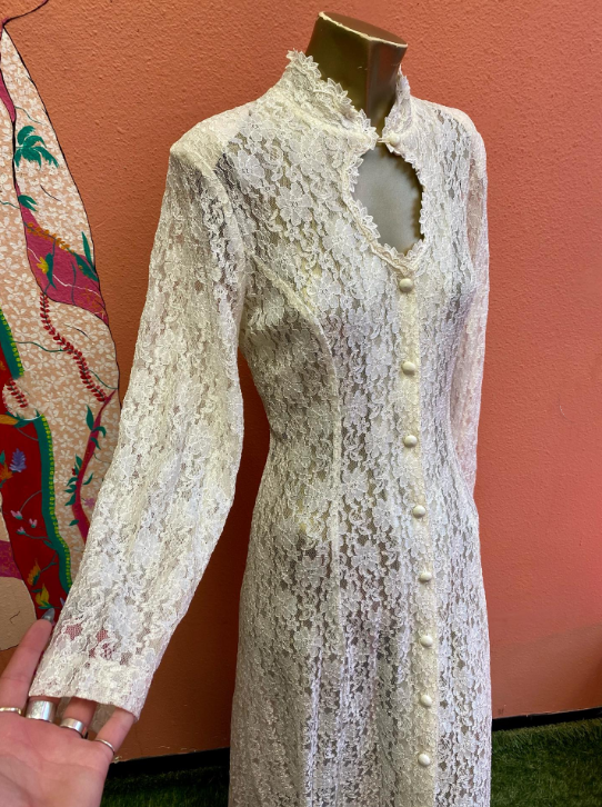 girlhomeshops-Beige Lace Stand-Collar Long-Sleeve Midi Dress, Vintage Pearl Button & Lace-Up Elegant Gown gh6344