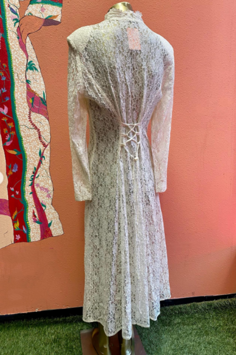 girlhomeshops-Beige Lace Stand-Collar Long-Sleeve Midi Dress, Vintage Pearl Button & Lace-Up Elegant Gown gh6344