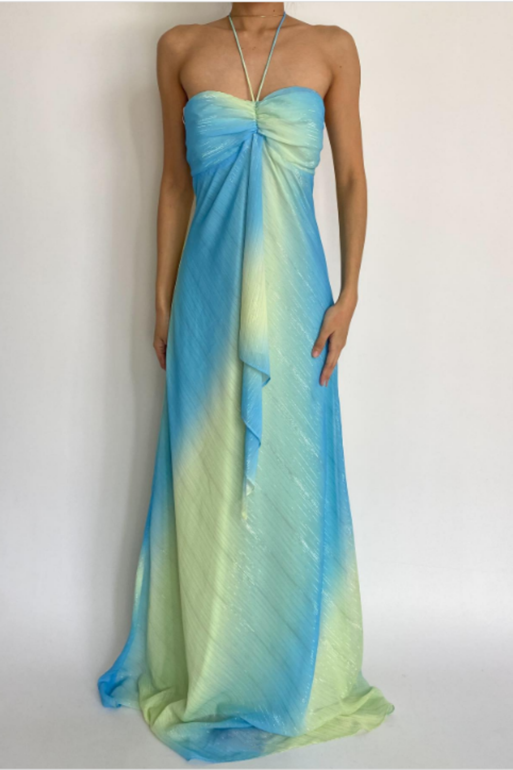 girlhomeshops-Blue-Green Gradient Lurex Halter Sleeveless Train Gown, Resort-Style Ruffle & Flowy Elegant Dress gh6346