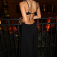 girlhomeshops-Black Slim Spaghetti-Strap Cutout Waist Floor-Length Cool Elegant Gown  gh6382