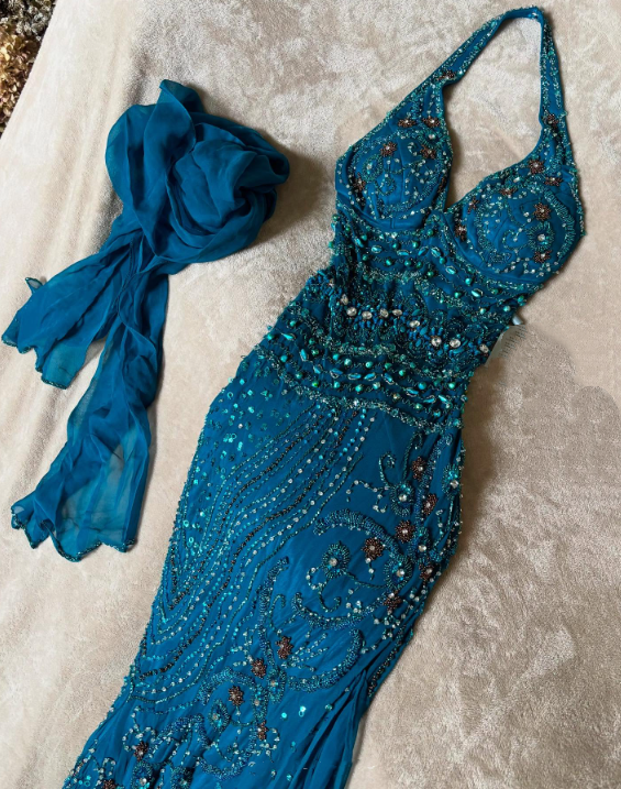 girlhomeshops-Blue delicate beaded chiffon long dress gh6153