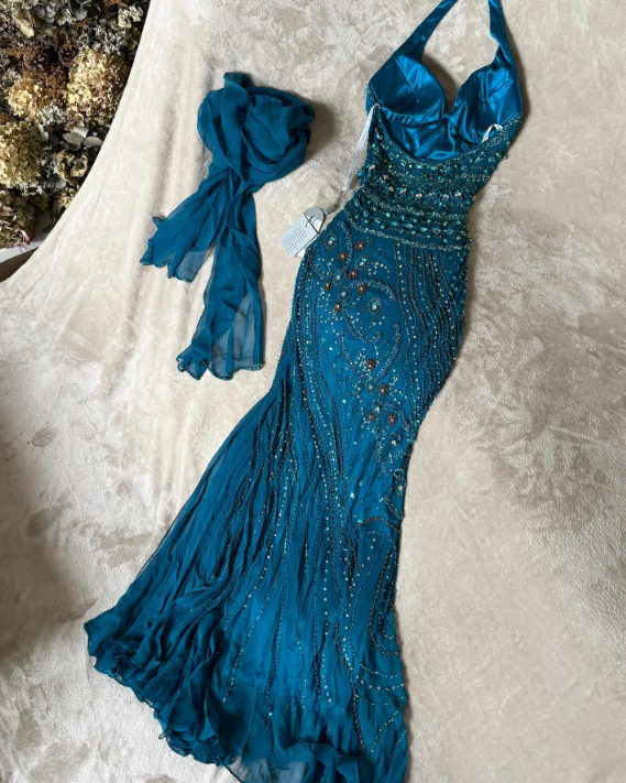 girlhomeshops-Blue delicate beaded chiffon long dress gh6153