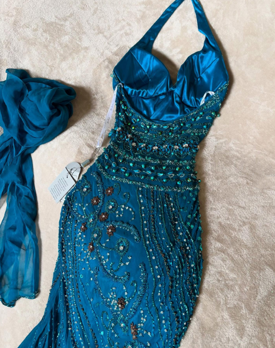 girlhomeshops-Blue delicate beaded chiffon long dress gh6153