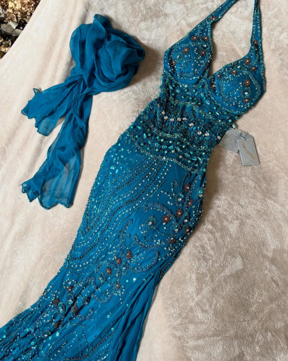 girlhomeshops-Blue delicate beaded chiffon long dress gh6153