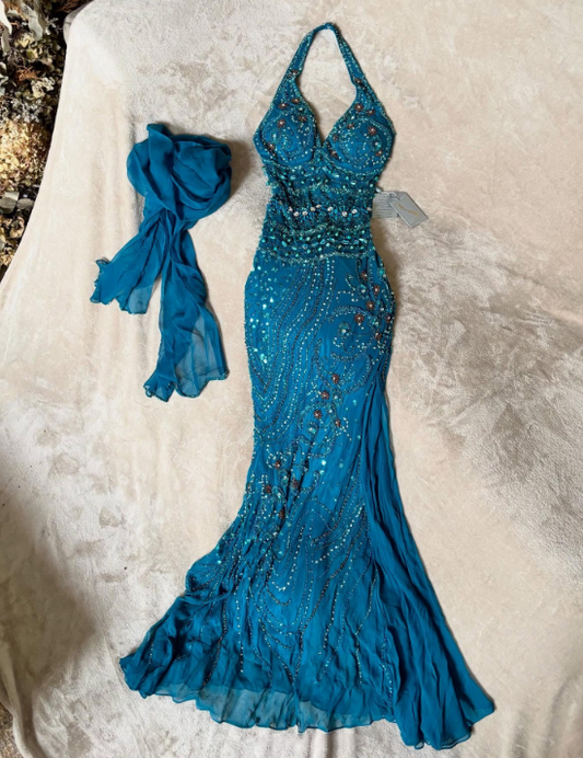 girlhomeshops-Blue delicate beaded chiffon long dress gh6153