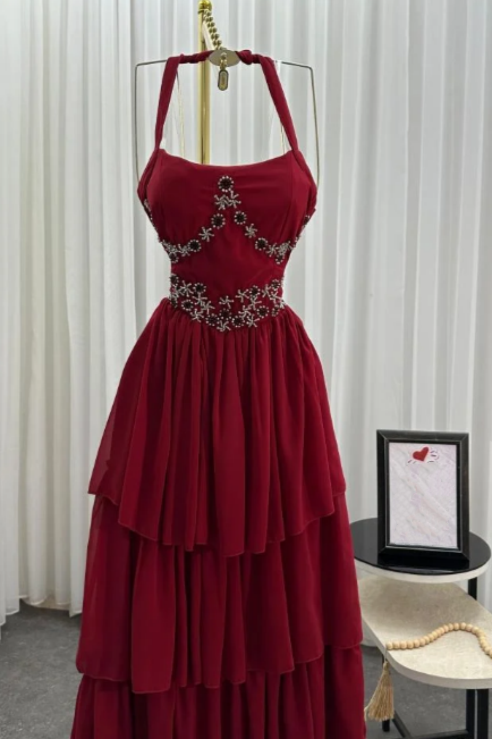 girlhomeshops-Burgundy Chiffon Long Dress With Delicate Beading gh6251