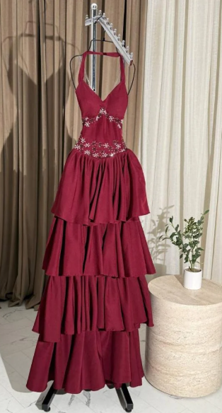 girlhomeshops-Burgundy Chiffon Long Dress With Delicate Beading gh6251