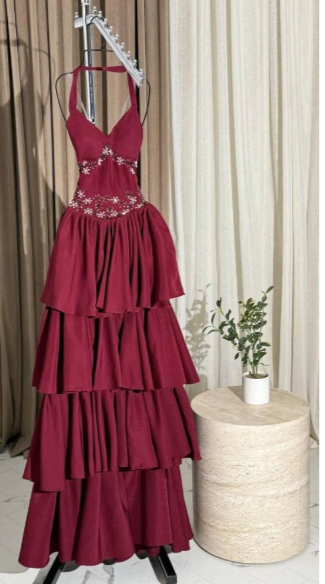 girlhomeshops-Burgundy Chiffon Long Dress With Delicate Beading gh6251