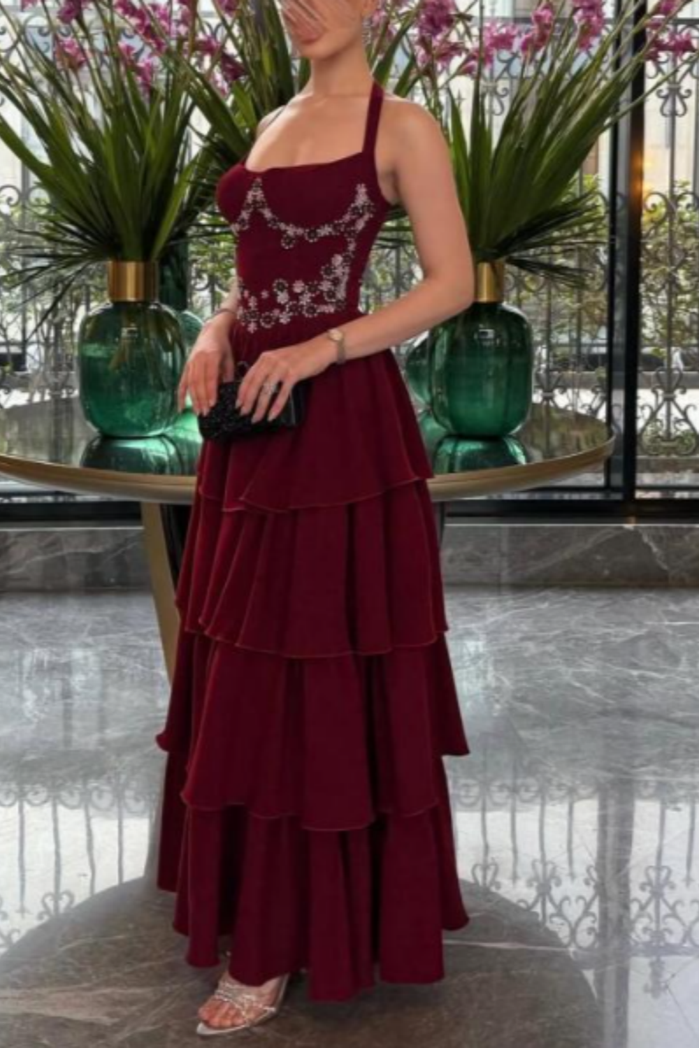 girlhomeshops-Burgundy Chiffon Long Dress With Delicate Beading gh6251