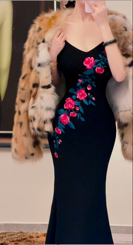 Vintage Luxury Style Mermaid Ankle-Length Black Pink Rose Embroidered Camisole Gown - Slim Elegant Dress for Dinner & Date gh6488