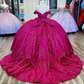 Fuchsia Sequin Off-the-shoulder Ball Gown: Heavy Sparkle Tulle, Heart Neckline Waist, Banquet Centerpiece Princess Dress gh6588
