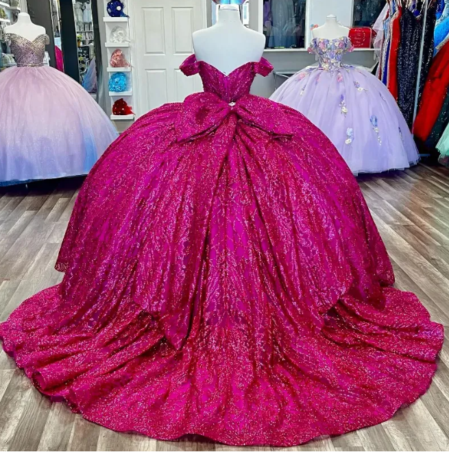 Fuchsia Sequin Off-the-shoulder Ball Gown: Heavy Sparkle Tulle, Heart Neckline Waist, Banquet Centerpiece Princess Dress gh6588
