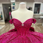 Fuchsia Sequin Off-the-shoulder Ball Gown: Heavy Sparkle Tulle, Heart Neckline Waist, Banquet Centerpiece Princess Dress gh6588