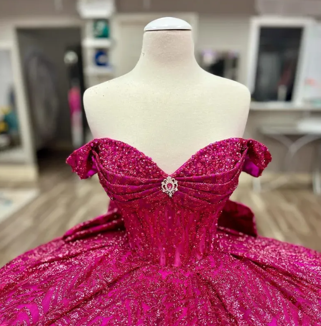 Fuchsia Sequin Off-the-shoulder Ball Gown: Heavy Sparkle Tulle, Heart Neckline Waist, Banquet Centerpiece Princess Dress gh6588