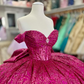 Fuchsia Sequin Off-the-shoulder Ball Gown: Heavy Sparkle Tulle, Heart Neckline Waist, Banquet Centerpiece Princess Dress gh6588