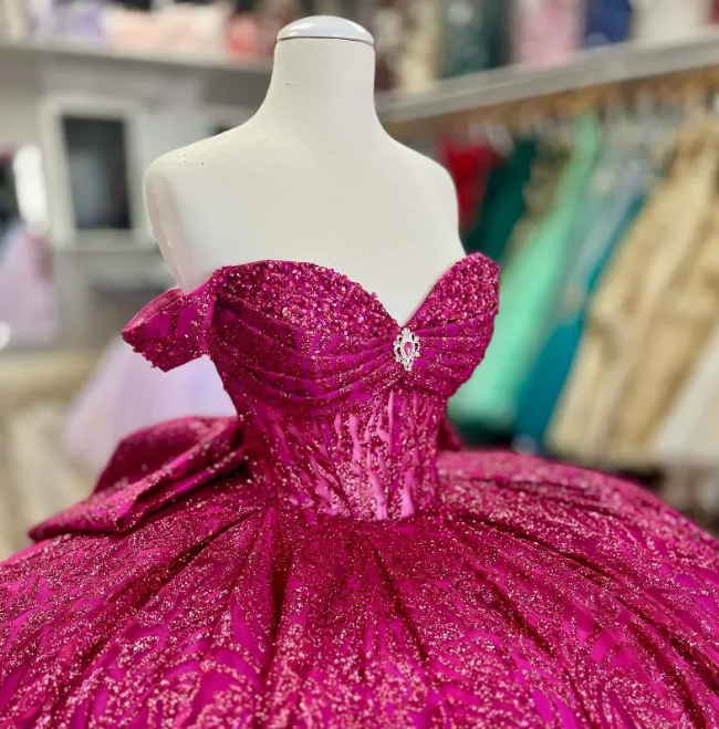 Fuchsia Sequin Off-the-shoulder Ball Gown: Heavy Sparkle Tulle, Heart Neckline Waist, Banquet Centerpiece Princess Dress gh6588