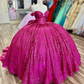Fuchsia Sequin Off-the-shoulder Ball Gown: Heavy Sparkle Tulle, Heart Neckline Waist, Banquet Centerpiece Princess Dress gh6588