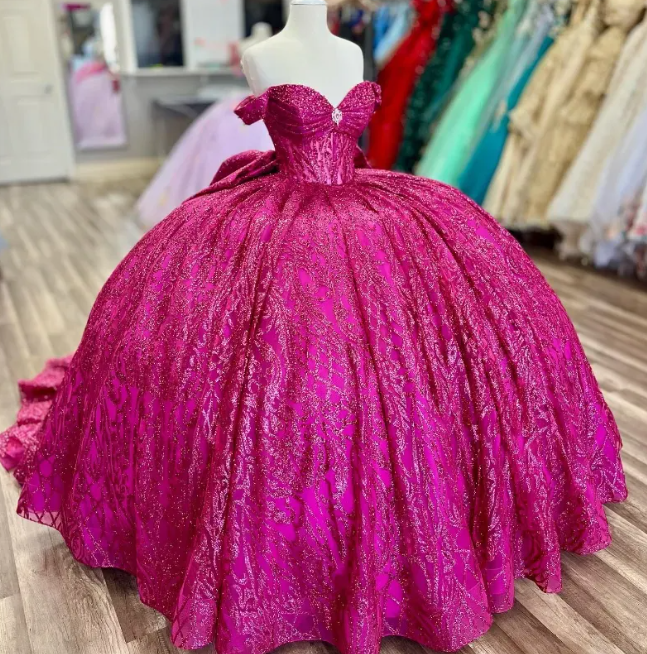 Fuchsia Sequin Off-the-shoulder Ball Gown: Heavy Sparkle Tulle, Heart Neckline Waist, Banquet Centerpiece Princess Dress gh6588