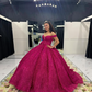 Fuchsia Sequin Off-the-shoulder Ball Gown: Heavy Sparkle Tulle, Heart Neckline Waist, Banquet Centerpiece Princess Dress gh6588