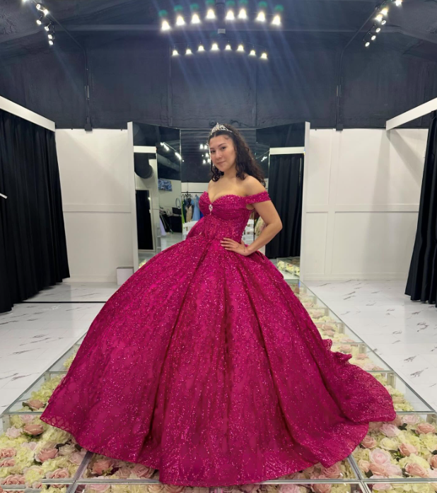 Fuchsia Sequin Off-the-shoulder Ball Gown: Heavy Sparkle Tulle, Heart Neckline Waist, Banquet Centerpiece Princess Dress gh6588
