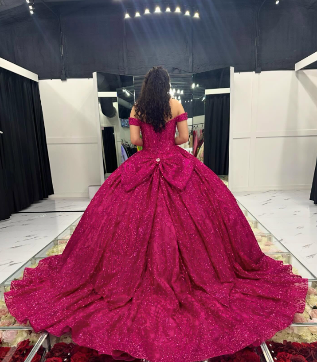 Fuchsia Sequin Off-the-shoulder Ball Gown: Heavy Sparkle Tulle, Heart Neckline Waist, Banquet Centerpiece Princess Dress gh6588