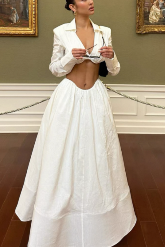 Chic Luxury Edgy Style Cutout Set Dress | White Shirt-Style Bandeau + Ballgown Maxi Skirt for Art Exhibition Gala Luxury Social Outfit gh6437